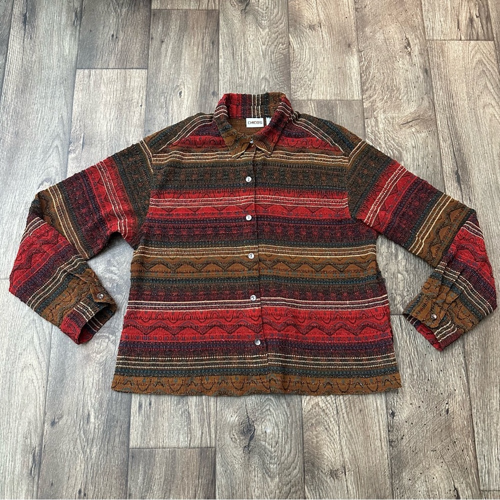 Vintage Chico’s long sleeve hippie boho top buttoned Blouse shirt womens size 1